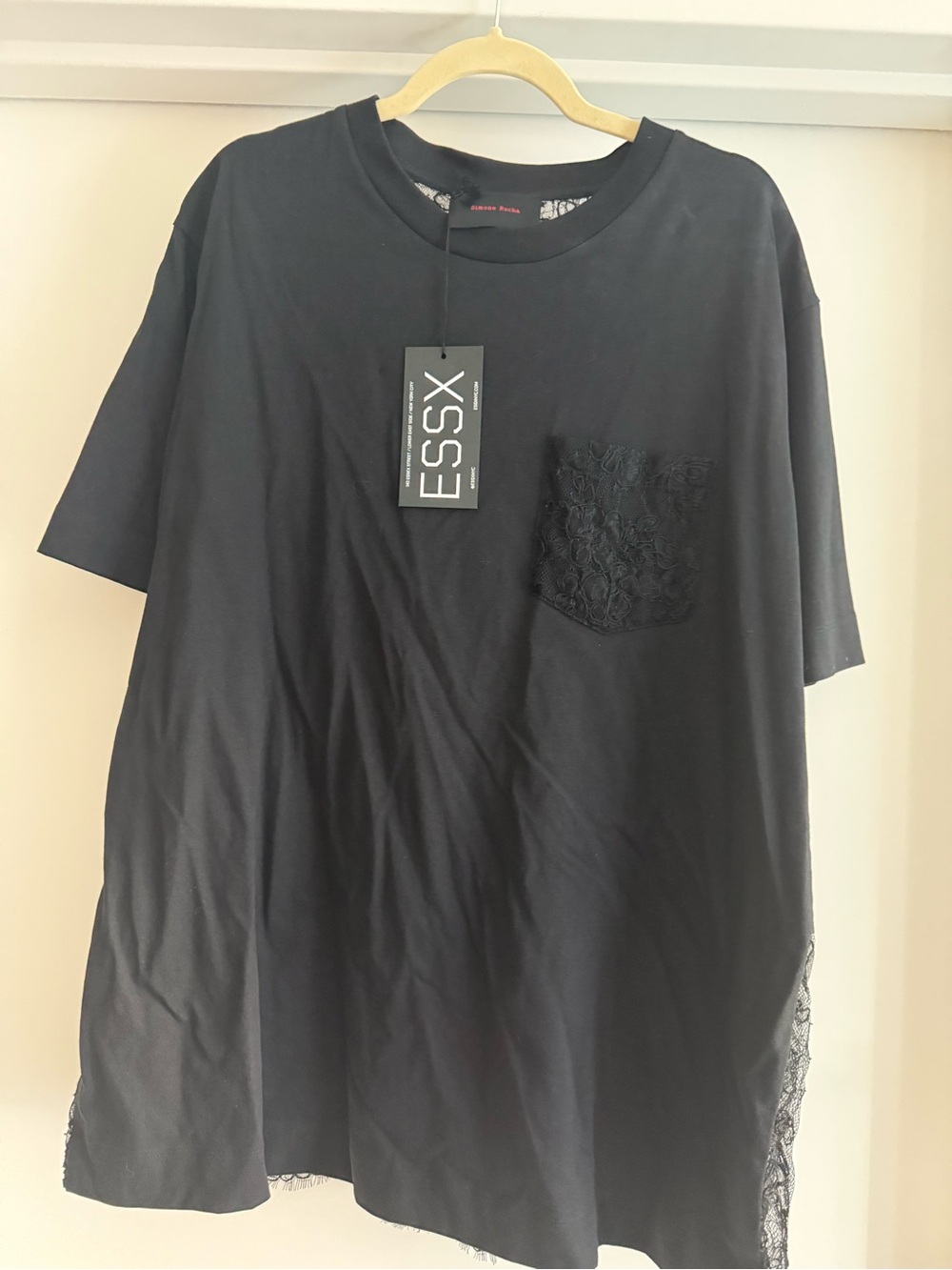 Simone Rocha Black Boxy T-Shirt w/ Sheer Lace Pocket and Back Panel Size L